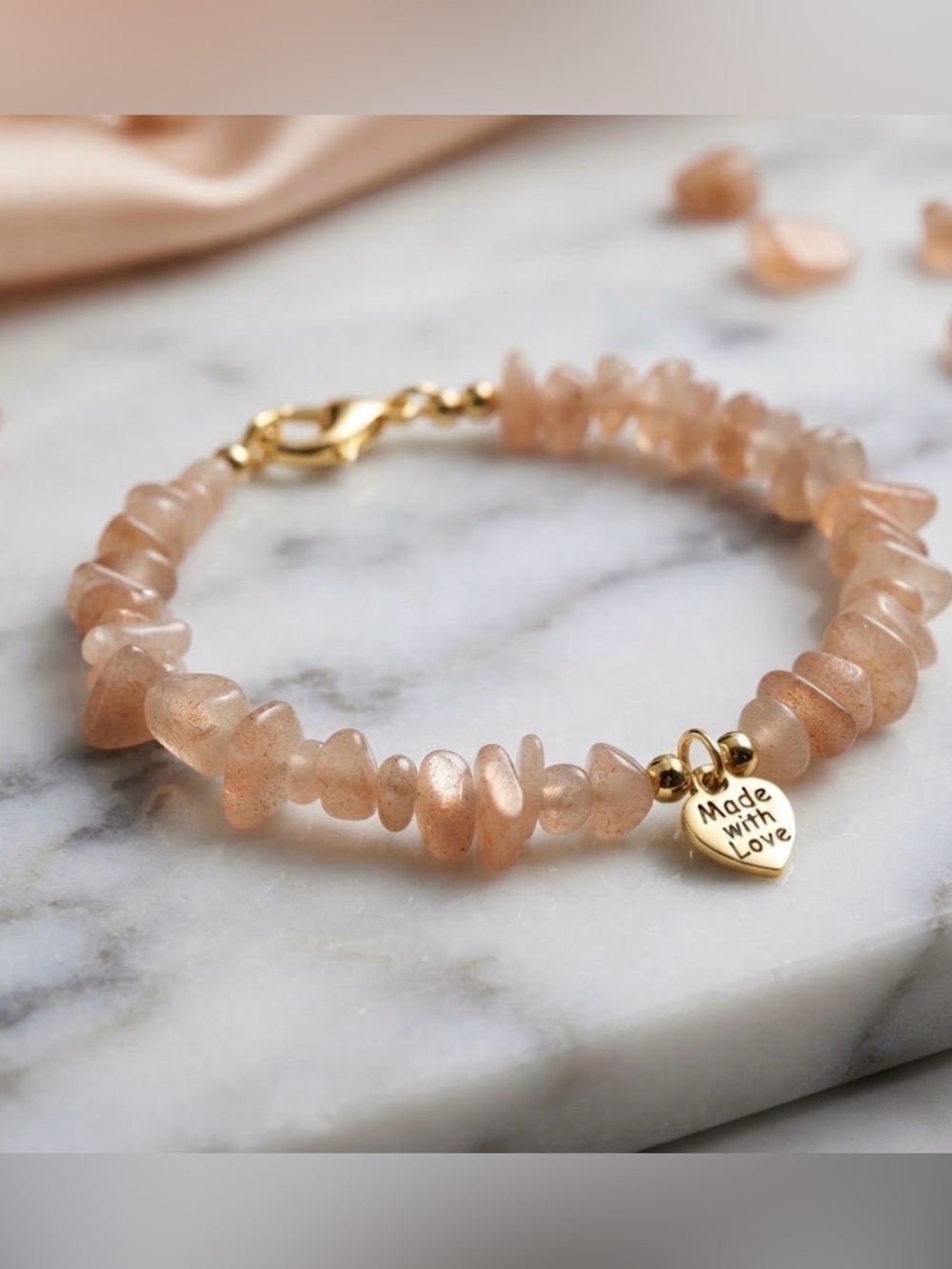 Genuine Sunstone Bead Bracelet with Gold Heart Charm